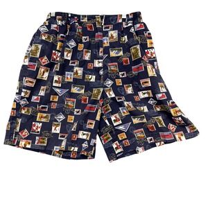 Line Up Shorts Mens Large Blue Stamp Print Cotton Elastic Waist Relaxed Chino